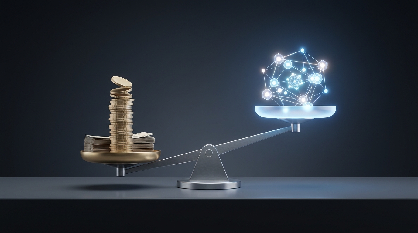 Two contrasting scales on a minimal surface — one weighted with stacked coins, the other with a glowing abstract form — symbolizing ad agency cost versus value