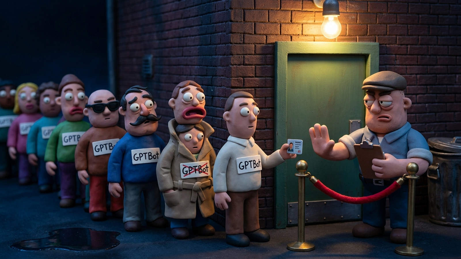 Clay bouncer checks IDs as a long queue of clay figures, all wearing 'GPTBot' name stickers and flimsy disguises, waits to get in.