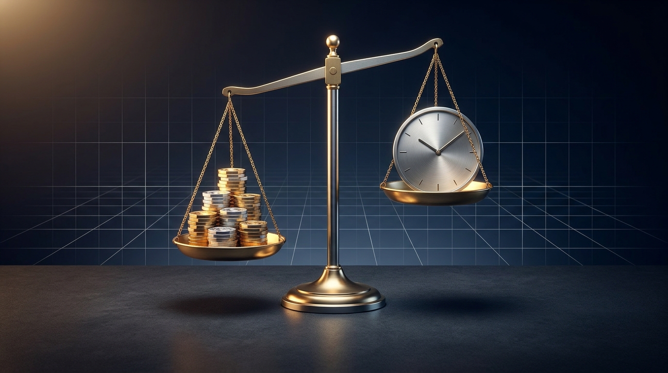 A sleek scale balancing stacks of coins against a minimalist clock, symbolizing the cost and time trade-offs of Google Ads agency pricing