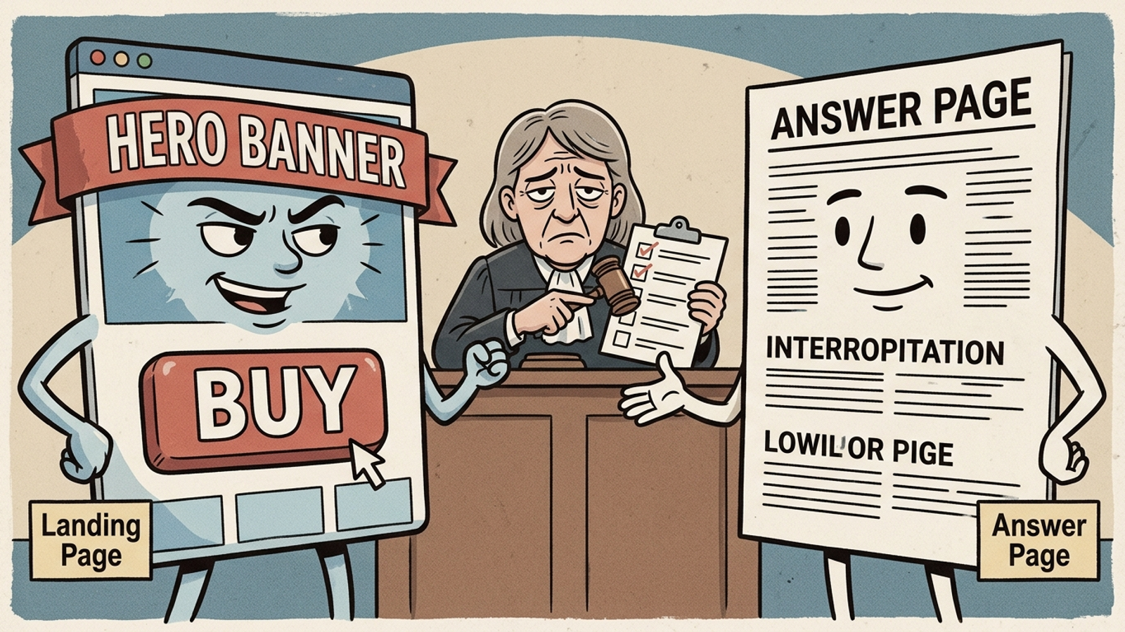 Cartoon courtroom: a sales landing page and an answer document argue before a judge