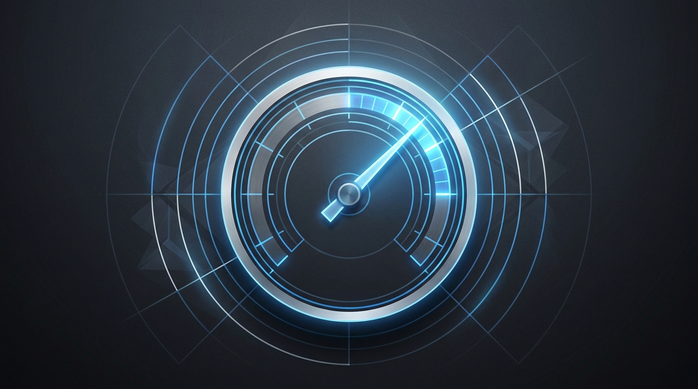 A precision dial or scoring gauge glowing against a dark background, with abstract signal beams radiating outward, symbolizing optimization and relevance measurement.