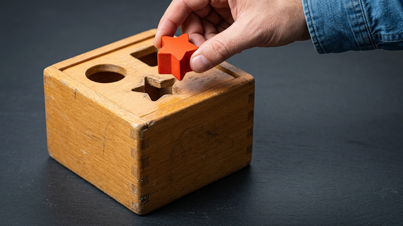 A hand holds a single red star block above a wooden shape sorter with three different holes, poised to drop it into the one it fits.