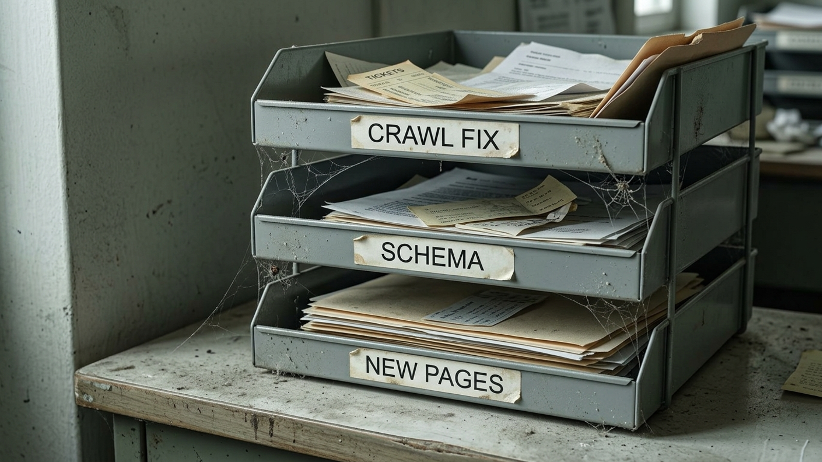 Dusty inbox trays filled with stalled developer tickets for AI visibility fixes
