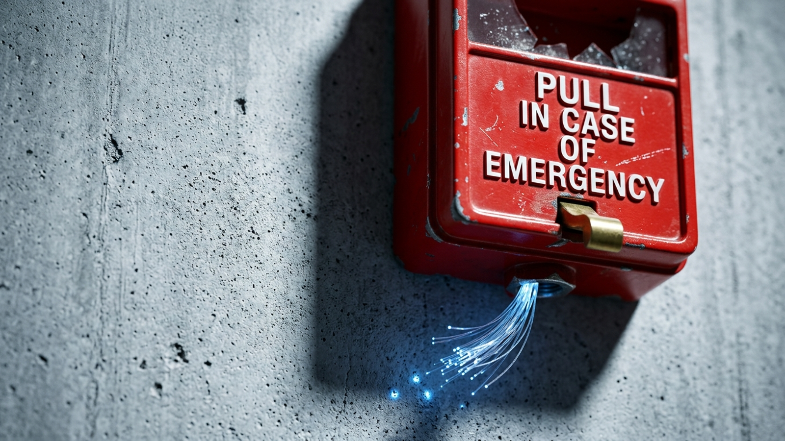 A red emergency pull lever on a concrete wall, with severed cables and no alarm attached.