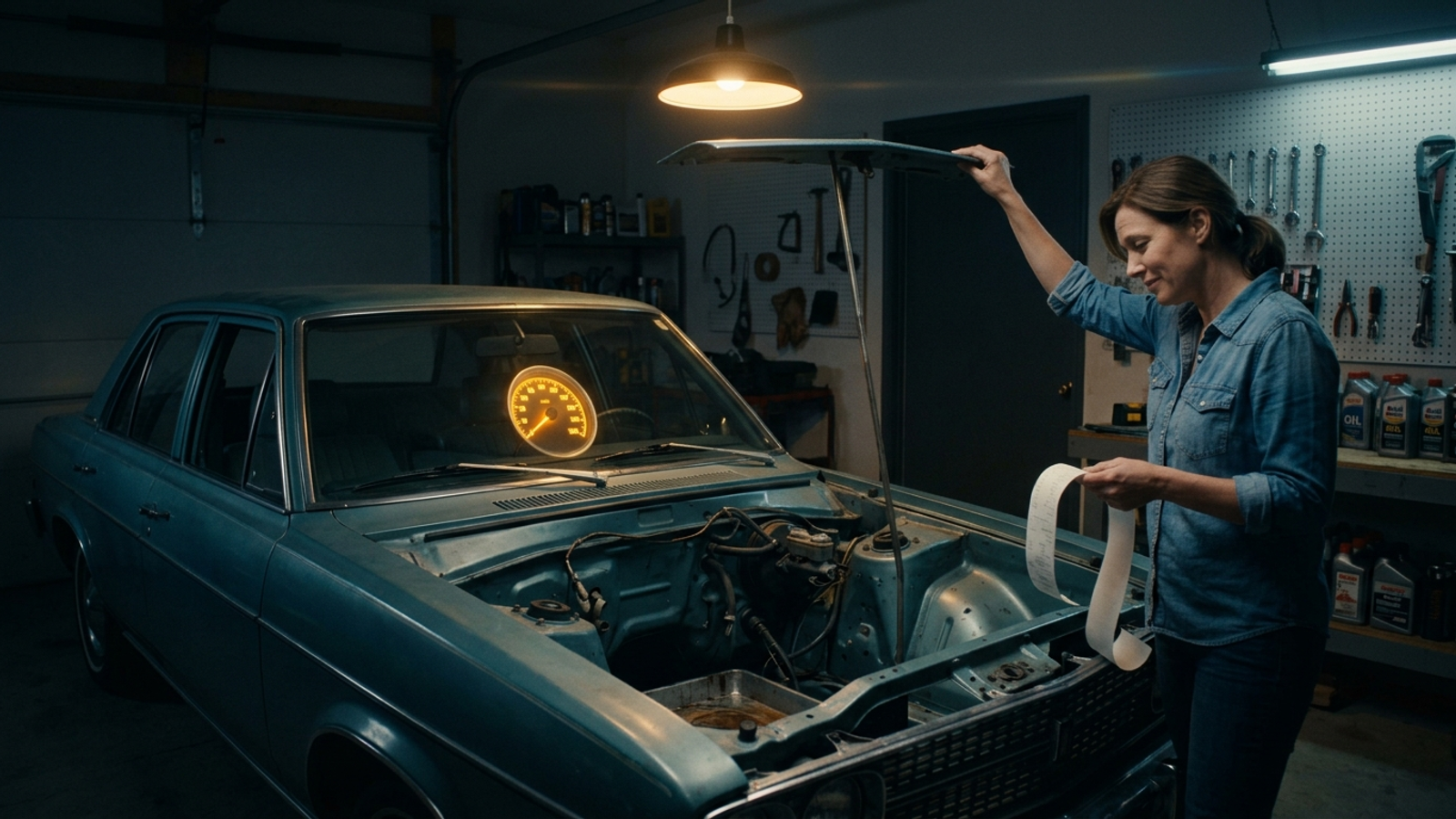 A woman looks into a car's open hood to find no engine, while a shiny new speedometer glows on the dash: monitoring without anything to drive results.