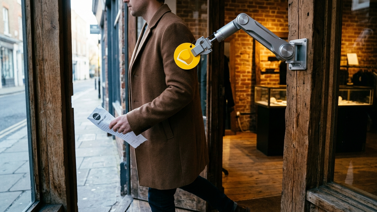 A mechanical arm prepares to credit an ad for a shopper who is already entering the store with a list.