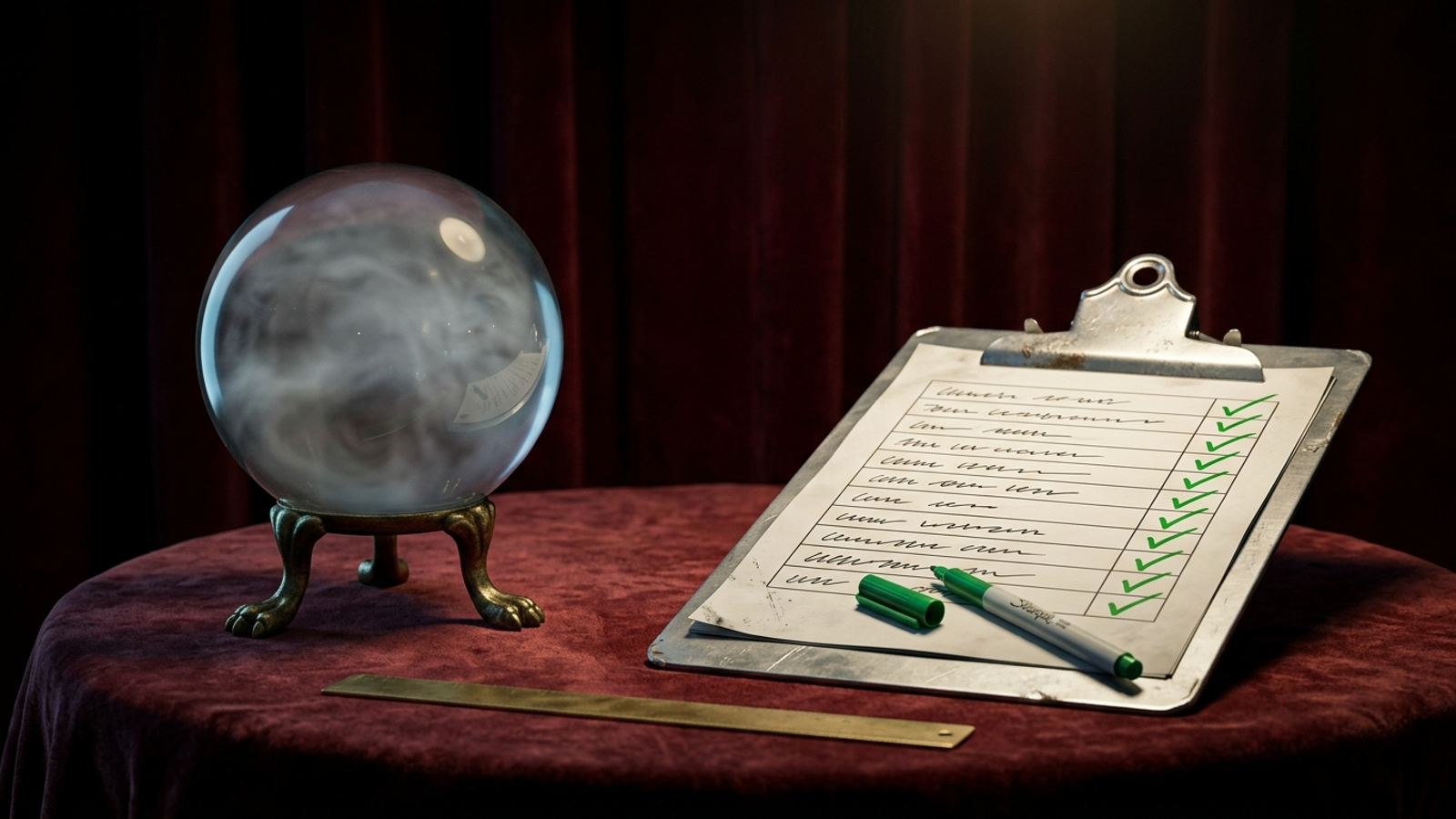 A foggy crystal ball beside a clipboard of green-ticked tasks: the agency sells the verifiable checklist, not a prediction of what AI will say.
