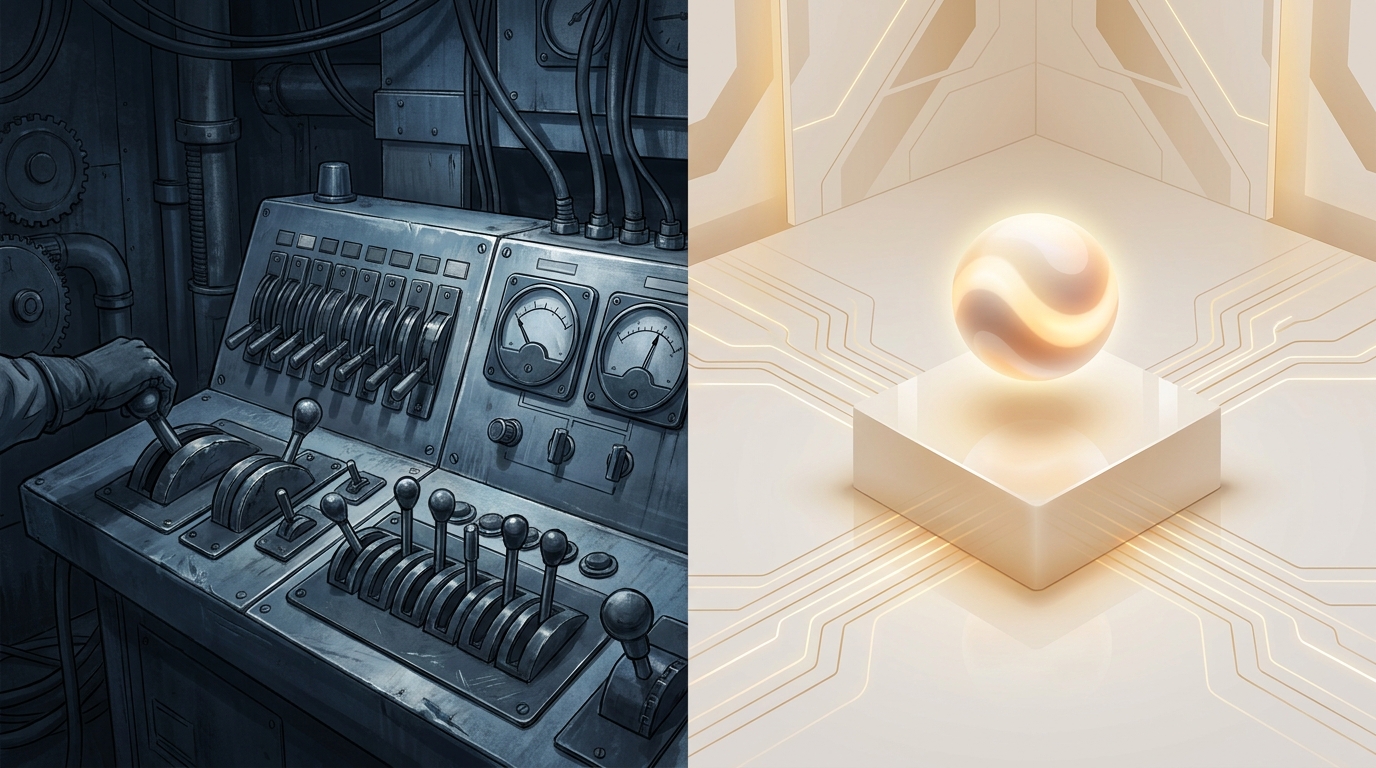 A split composition contrasting a manual control panel with levers and dials against a sleek autonomous command center glowing with ambient light, symbolizing tool vs service