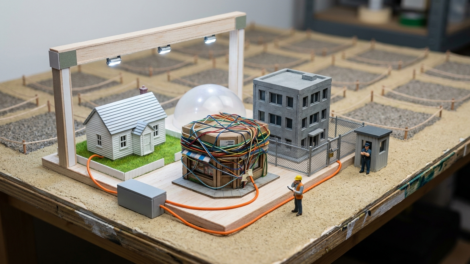 Tabletop model of three very different tiny buildings being tested by a figure with a stopwatch, while fifteen empty plots wait roped off behind them.