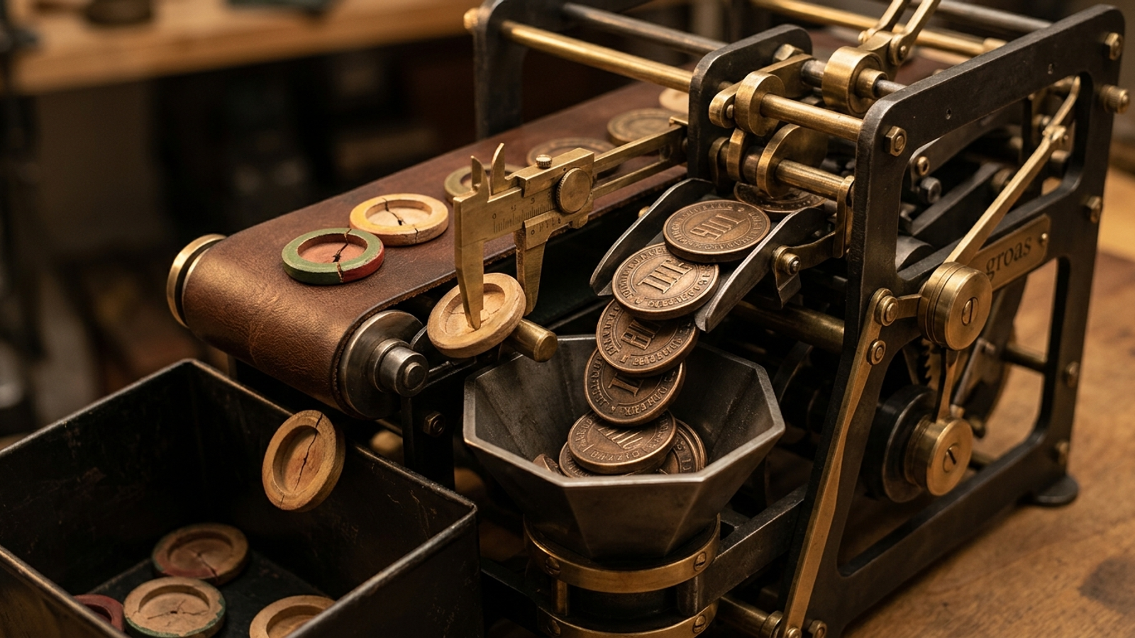 Mechanical sorting machine sending hollow wooden tokens and solid bronze coins down separate conveyor belts.