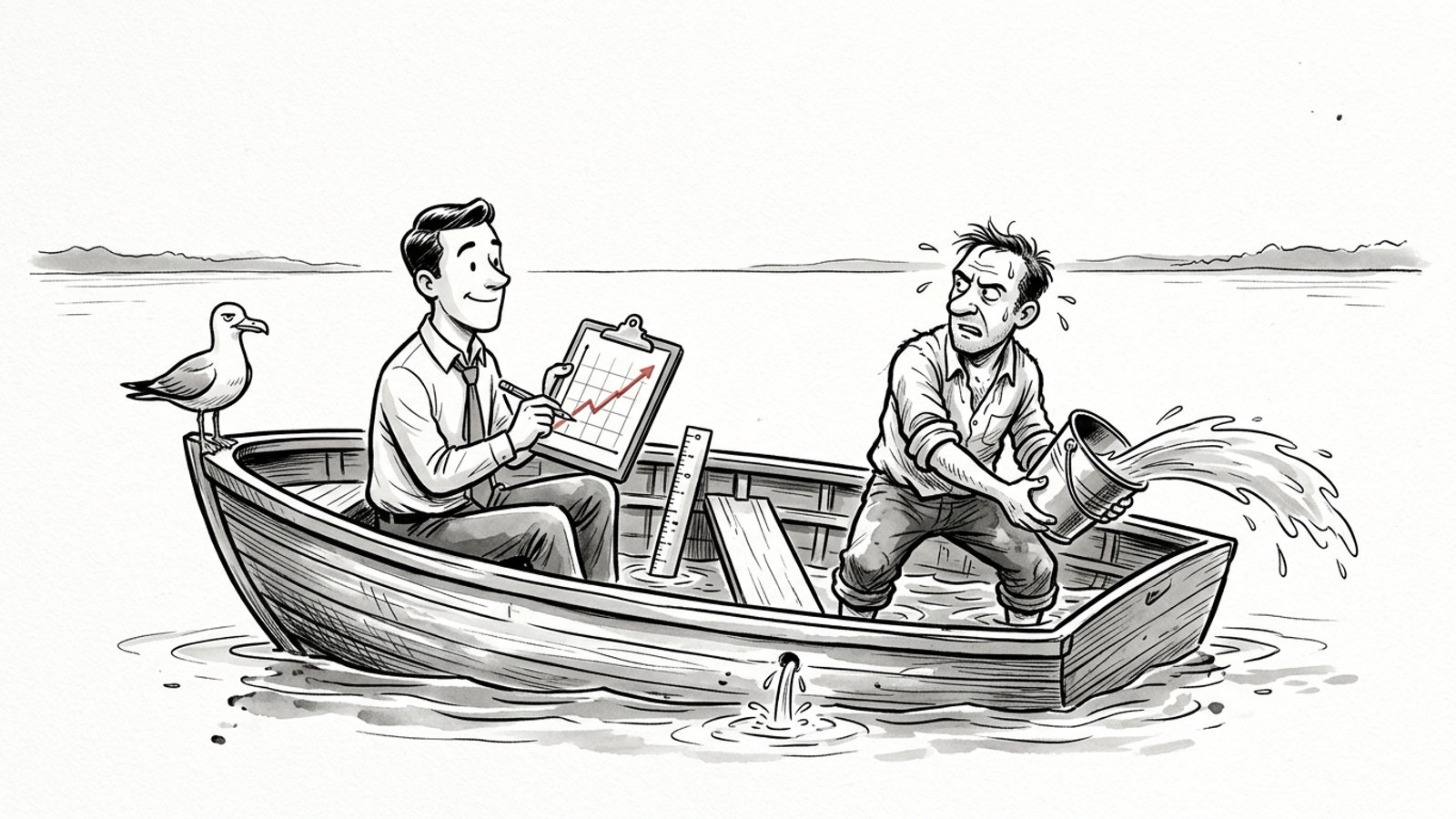 Cartoon of a sinking rowboat: one man calmly charts the rising water on a clipboard while his partner frantically bails with a bucket.