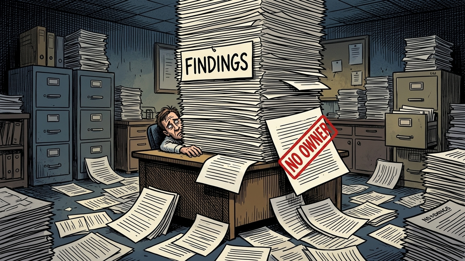 Cartoon of a large audit PDF crushing a business owner at a desk