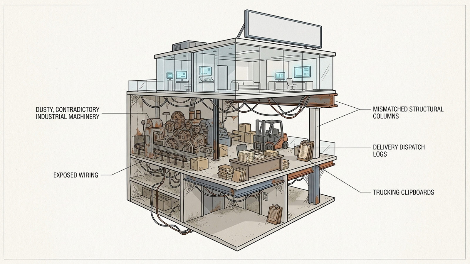 An architectural cutaway of a website showing conflicting layers of product messaging.