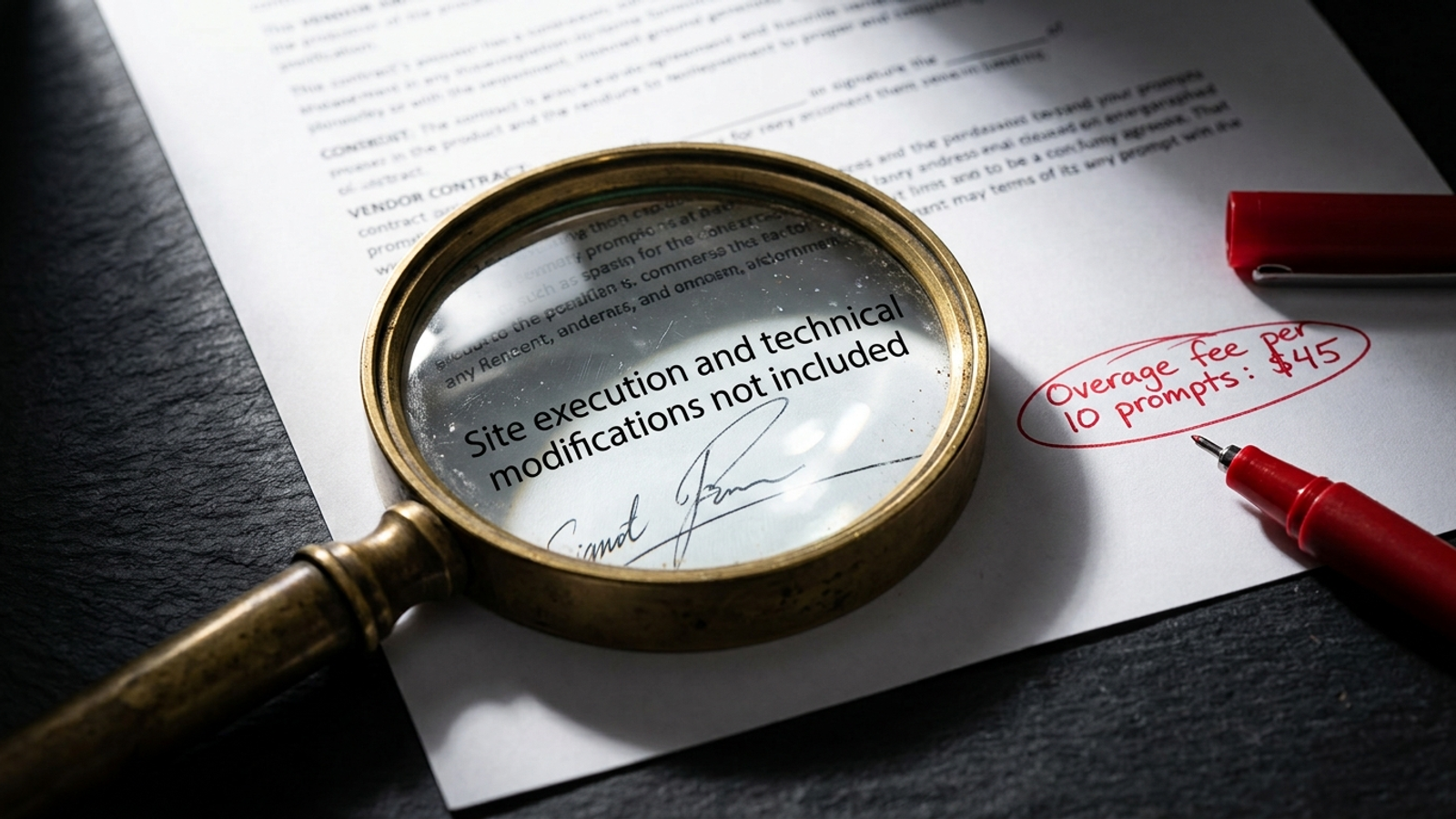A magnifying glass reveals fine print on an AEO software contract stating that website implementation is not included.