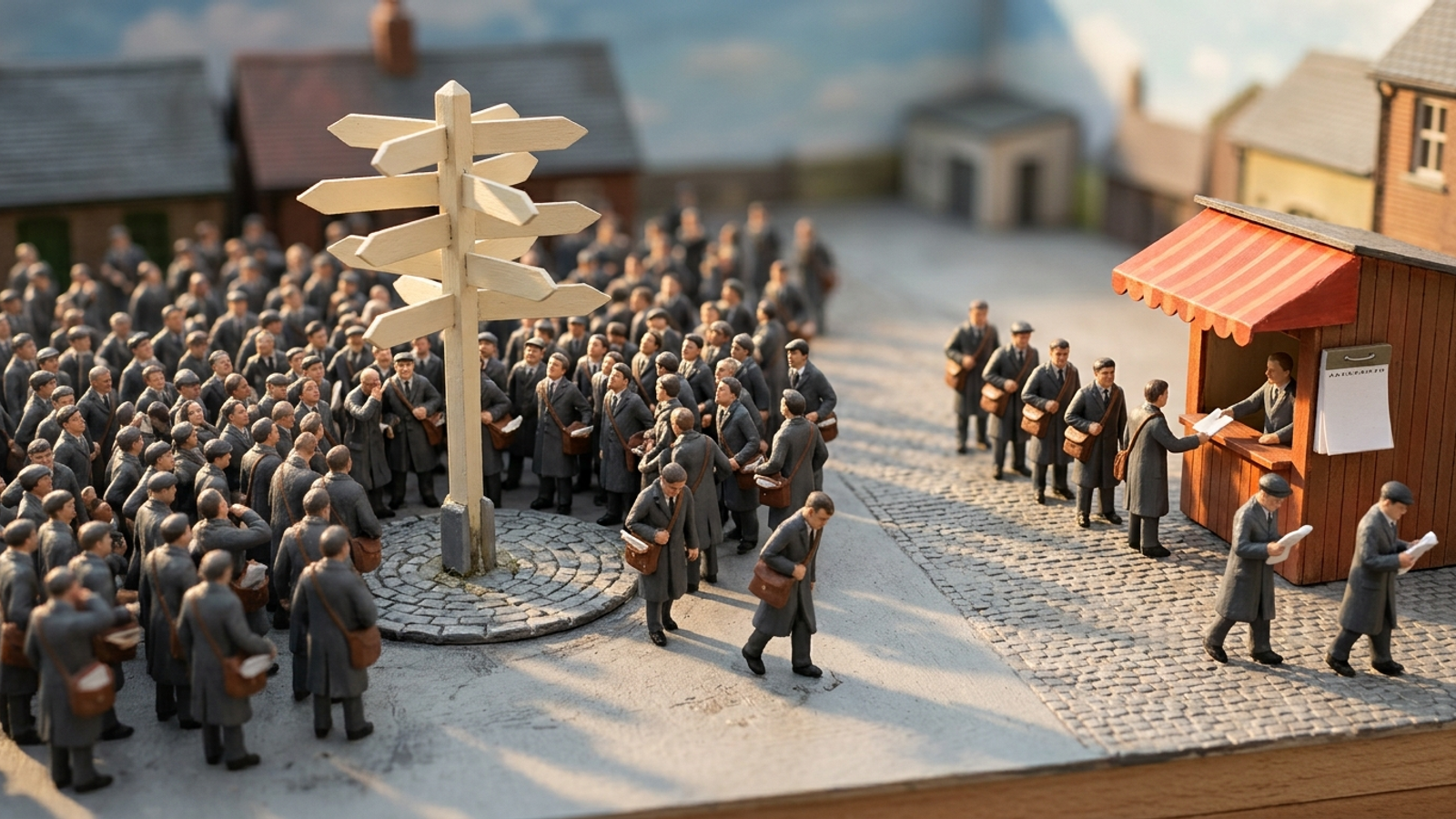 Model town: a crowd mobs a giant signpost and leaves empty-handed, while a small red booth with a calendar hands out paper answers to a short queue.