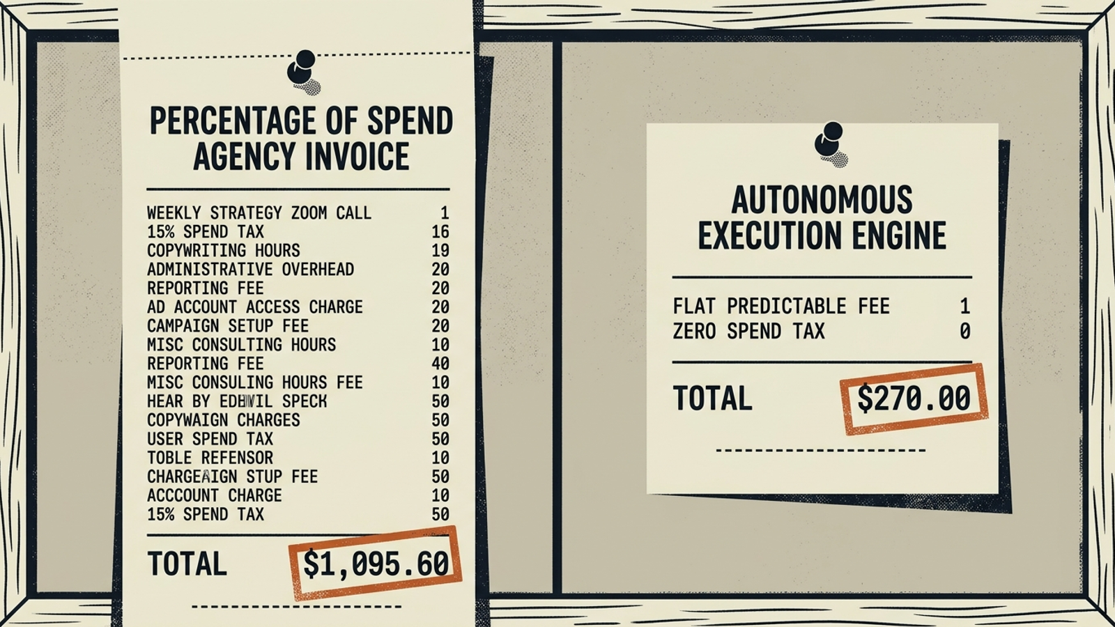 Receipt-style comparison of agency labor charges and automated execution costs.
