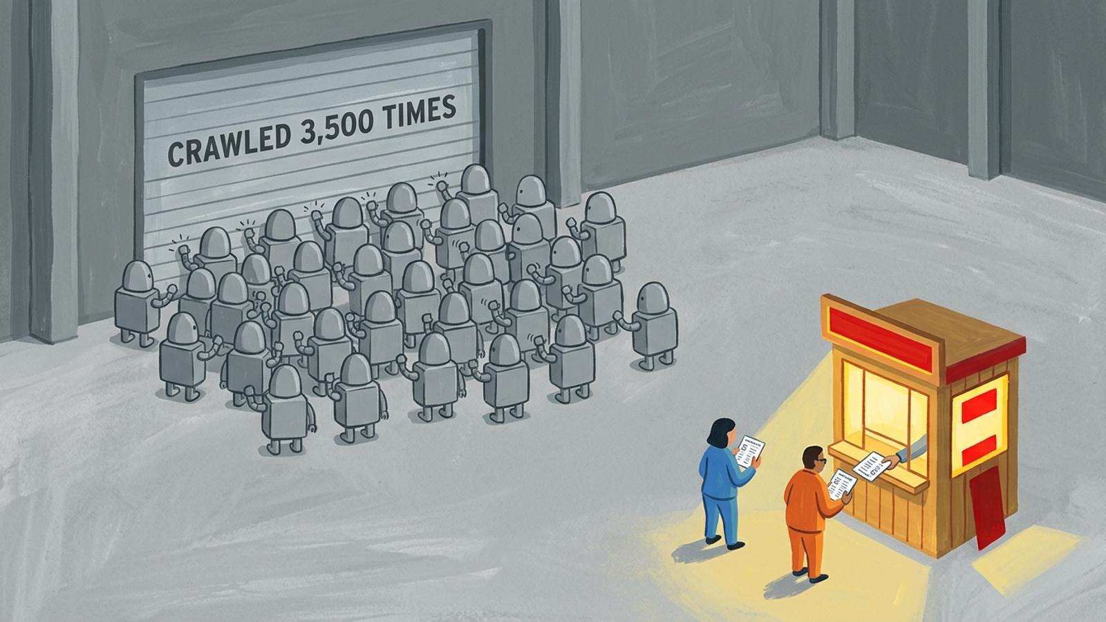 Illustration of bots crowding a warehouse door while two answer sheets pass through a side window