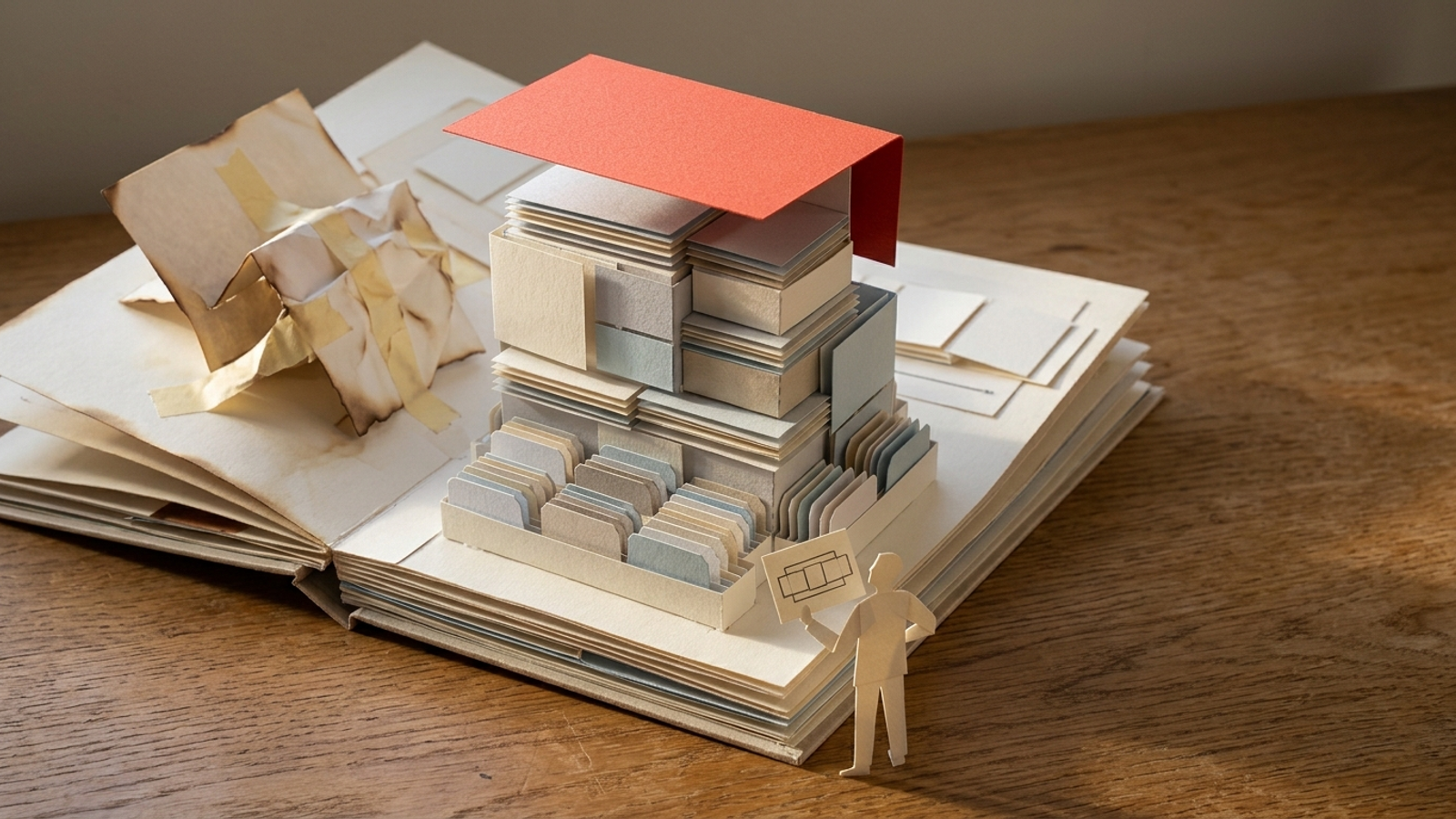 A pop-up book whose pages each rebuild a search answer differently, a tiny paper marketer holding an outdated card from page one, baffled by the new spread.