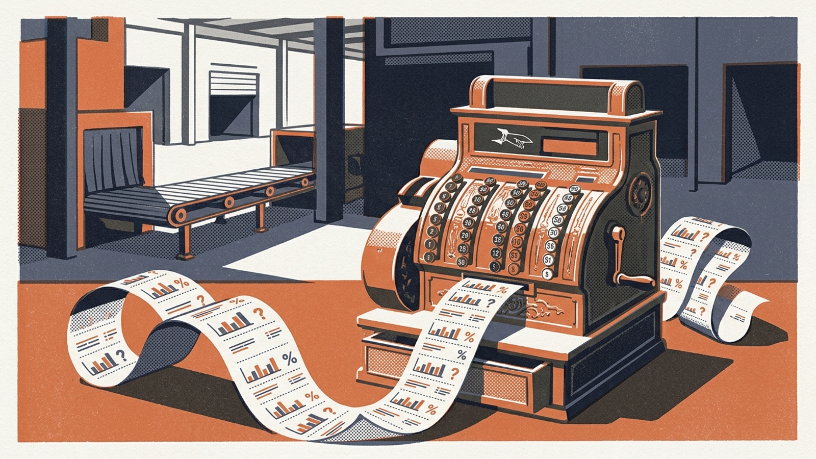 A cash register prints a receipt covered in bar charts while an empty delivery dock stands behind it.