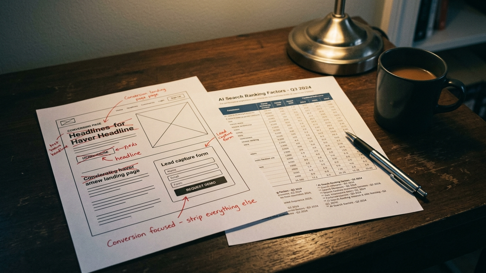 A lean paid-search conversion page sits beside a detailed reference page on an operator’s desk.