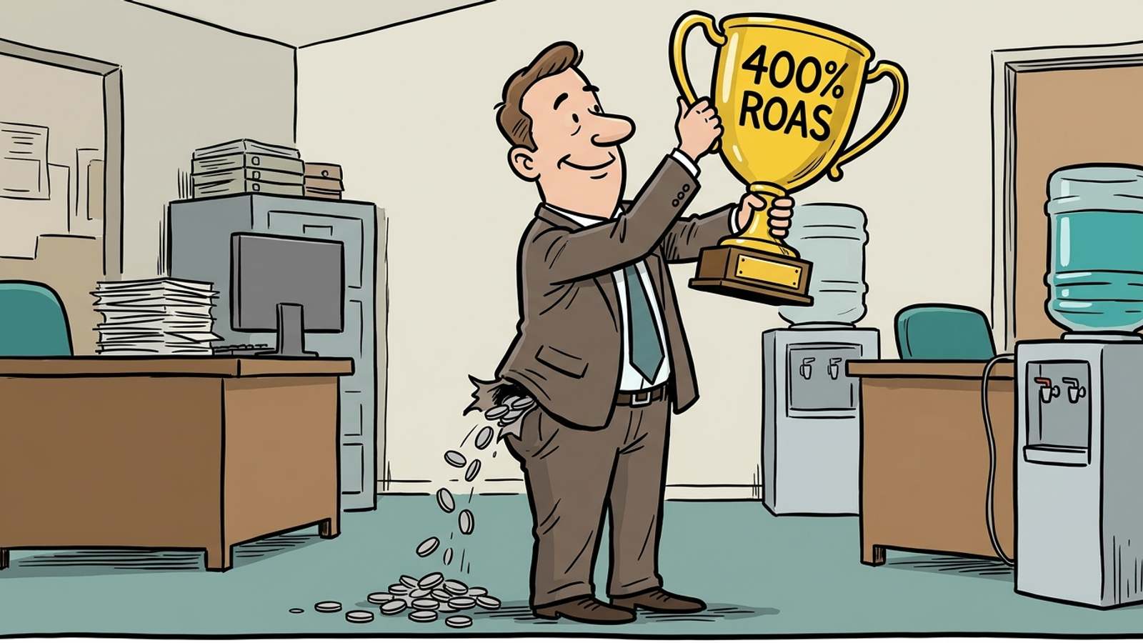 Cartoon of a marketer celebrating a 400% ROAS trophy while coins leak from his wallet