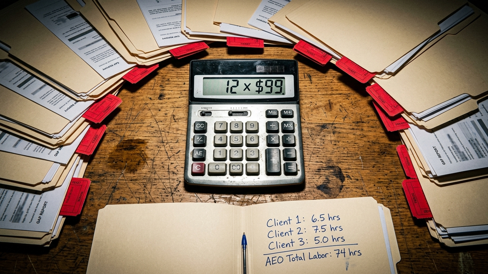 Calculator showing AEO costs multiplying across twelve client folders