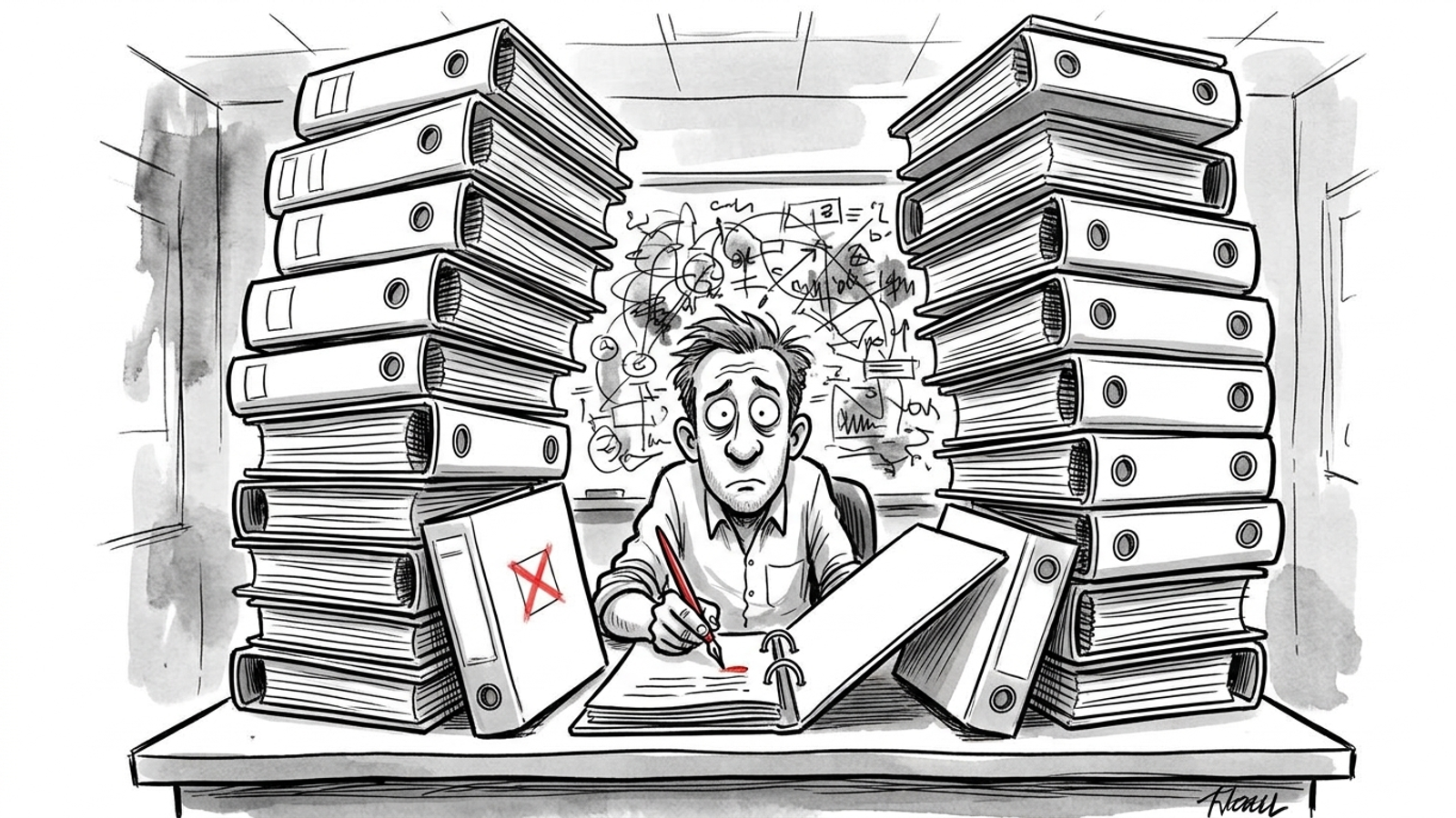 Stack of client reports burying a lone worker at a desk