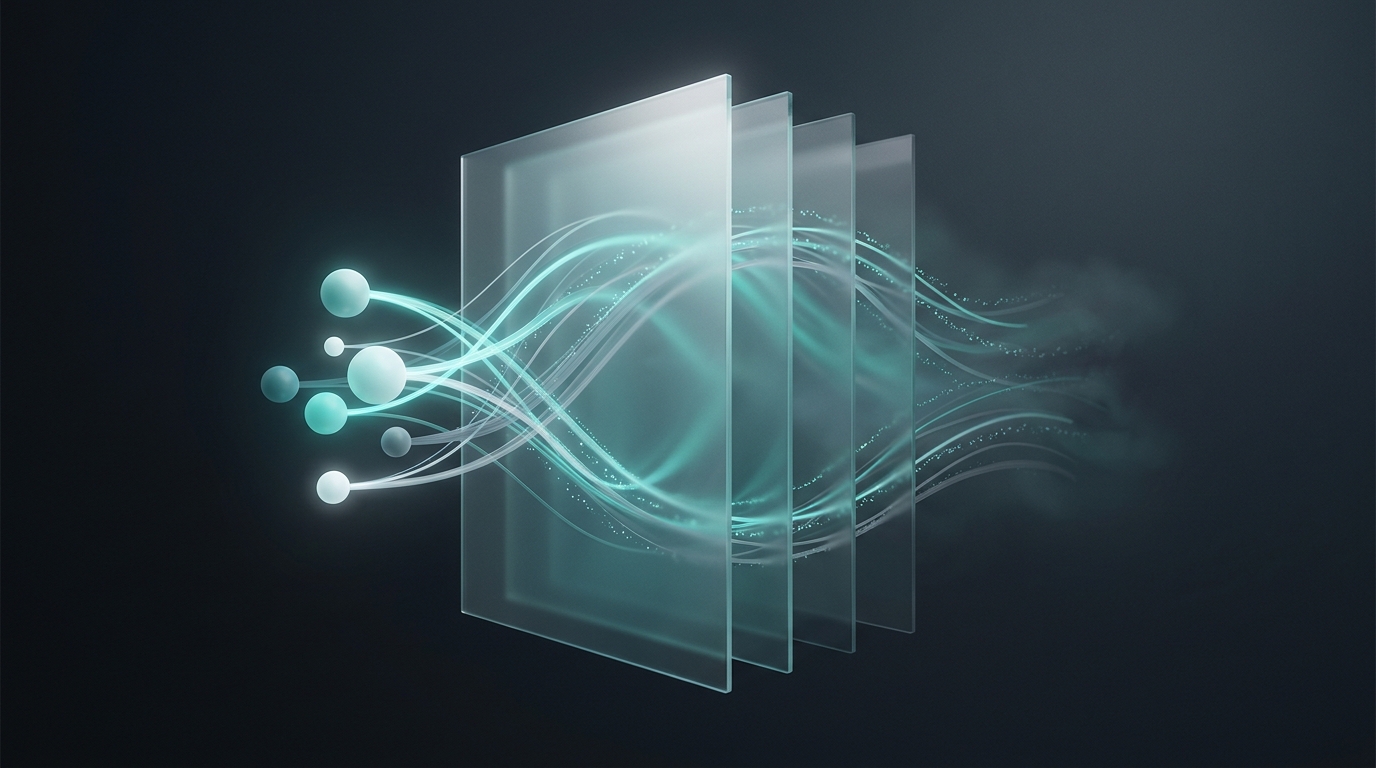 3D editorial illustration of glowing cool teal data ribbons flowing through layered translucent planes on a deep slate background with soft directional lighting