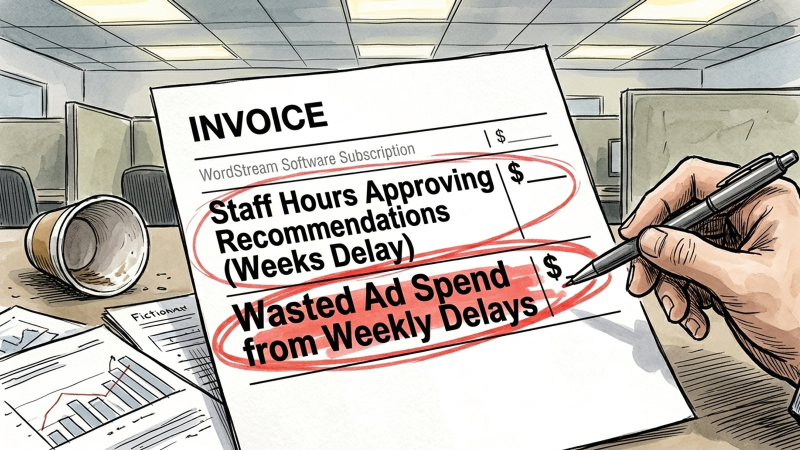 Cartoon invoice with a small subscription line beneath larger labor and wasted-spend lines
