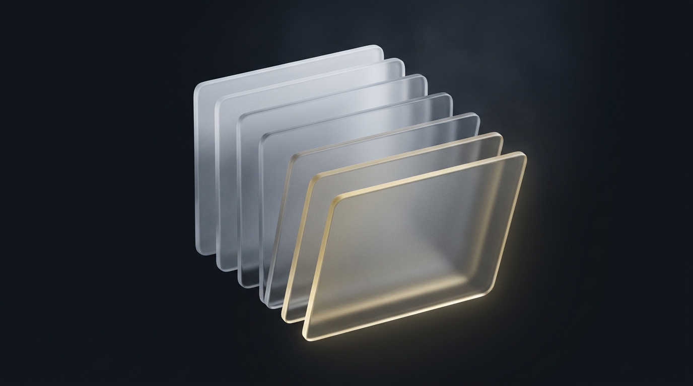 Abstract 3D editorial illustration of layered translucent planes unfolding in sequence against a deep slate background, lit with a soft muted gold accent light from one side.