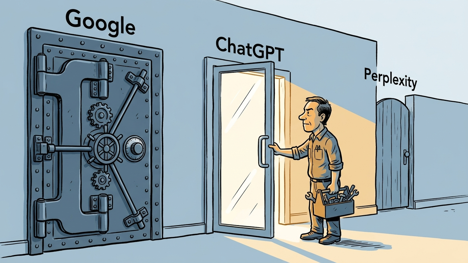 Cartoon of a business owner facing three doors labeled Google, ChatGPT and Perplexity; one is already ajar