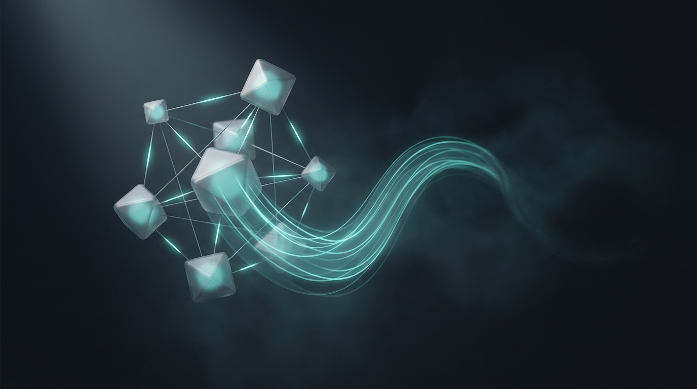 Abstract 3D illustration of a glowing cool teal geometric node network with flowing data ribbons against a deep slate background, soft directional lighting.