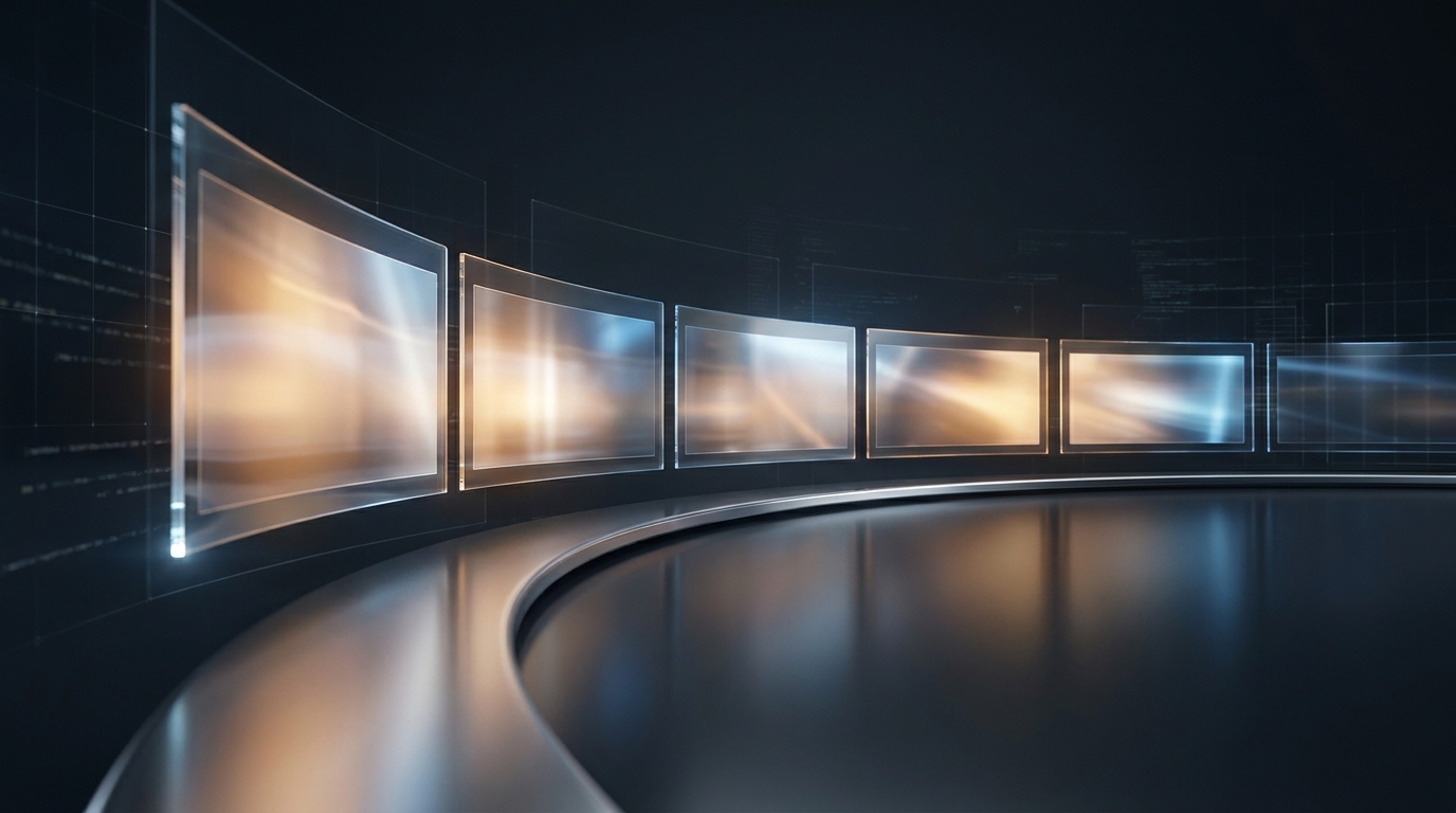 A cinematic wide-angle scene of layered glowing screens emitting soft video light across a dark studio, evoking full-funnel video advertising at scale