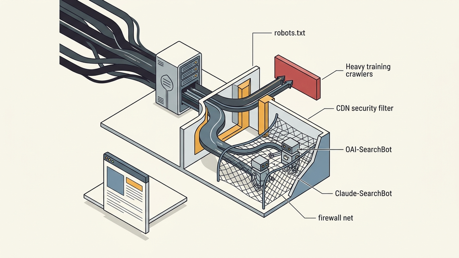 Diagram showing AI training crawlers and live retrieval bots encountering different robots.txt and firewall rules.