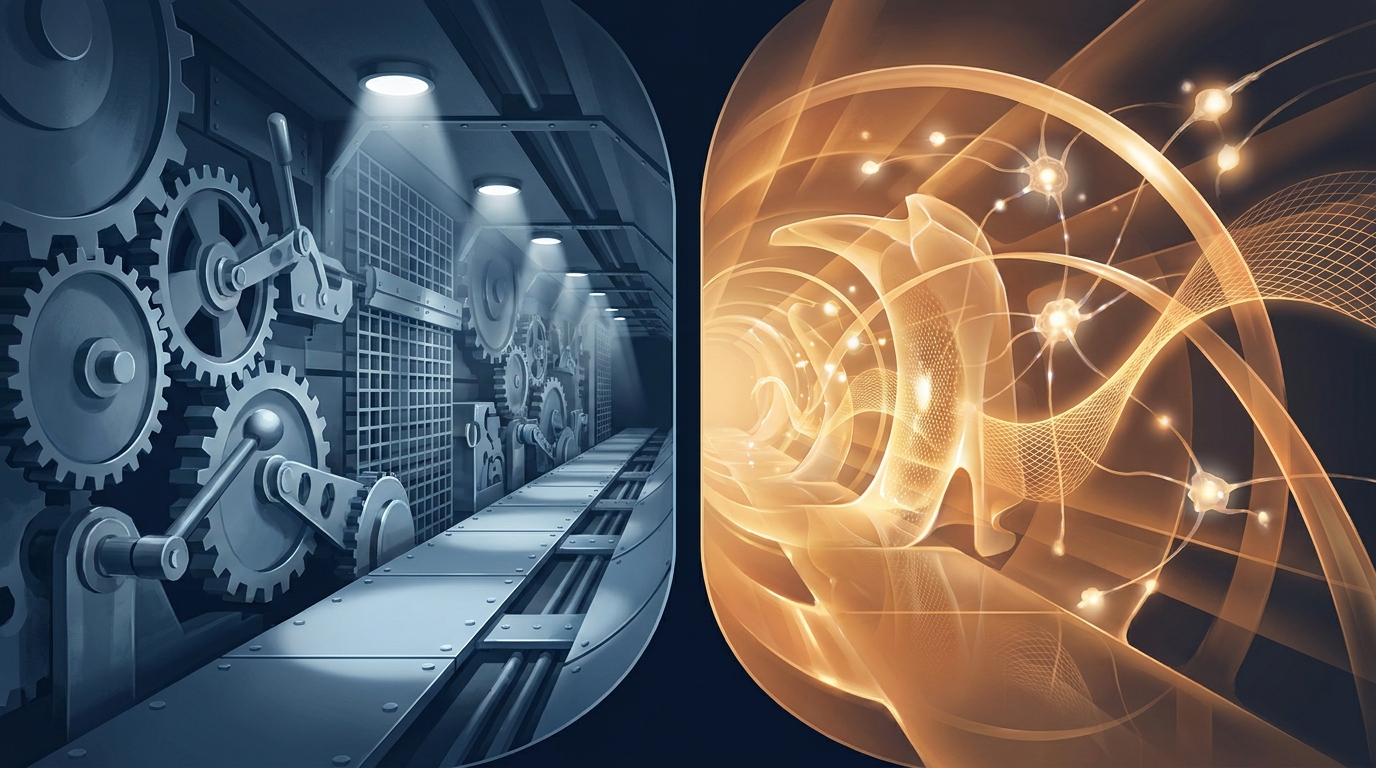 Two diverging paths in a sleek environment: one mechanical and rule-bound, one fluid and autonomous, symbolizing the contrast between rules-based automation and full-service AI management.