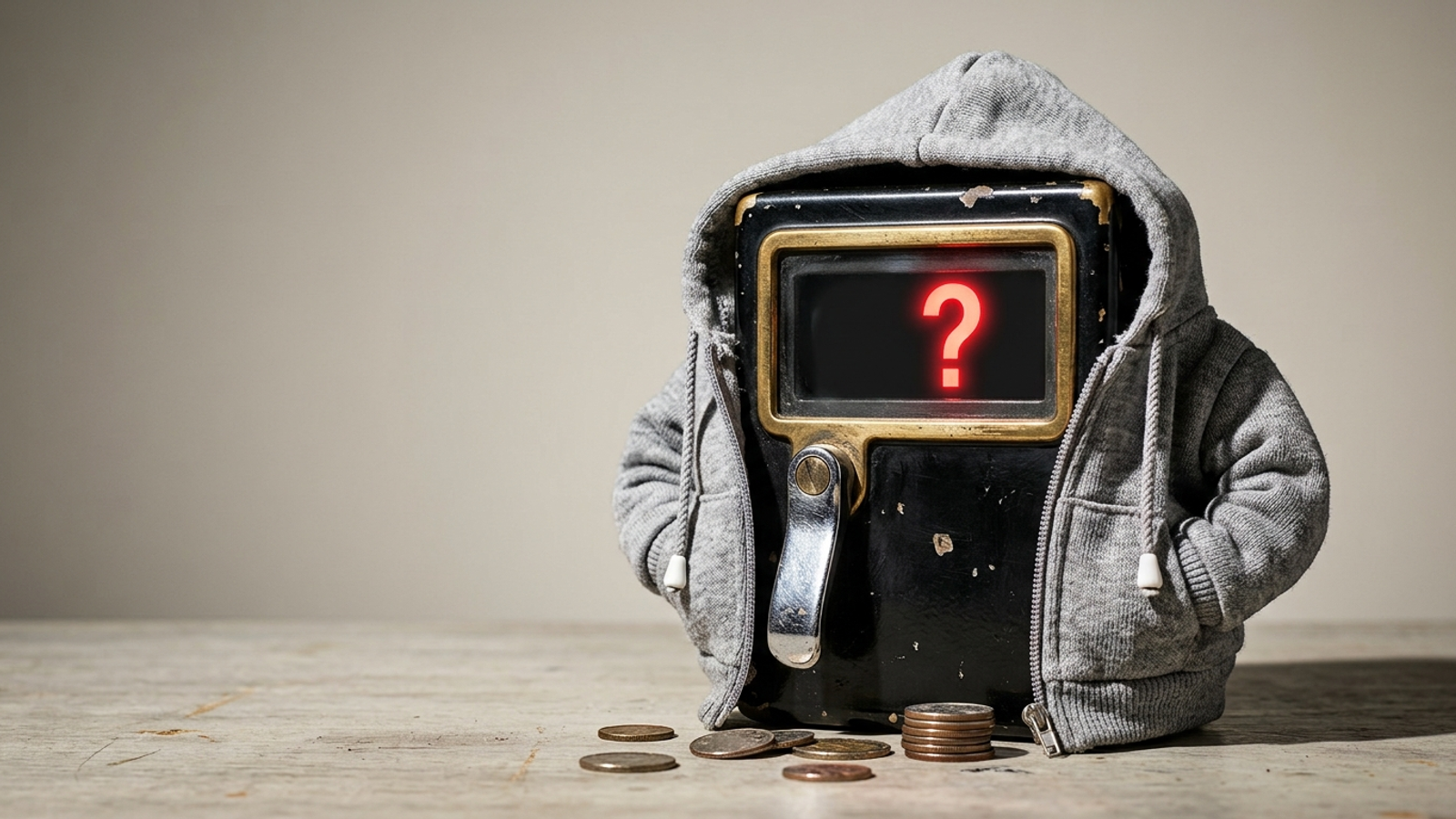 An old taxi meter disguised in a tiny grey hoodie, its fare window showing a red question mark: the old pay-by-the-meter pricing dressed up as new.
