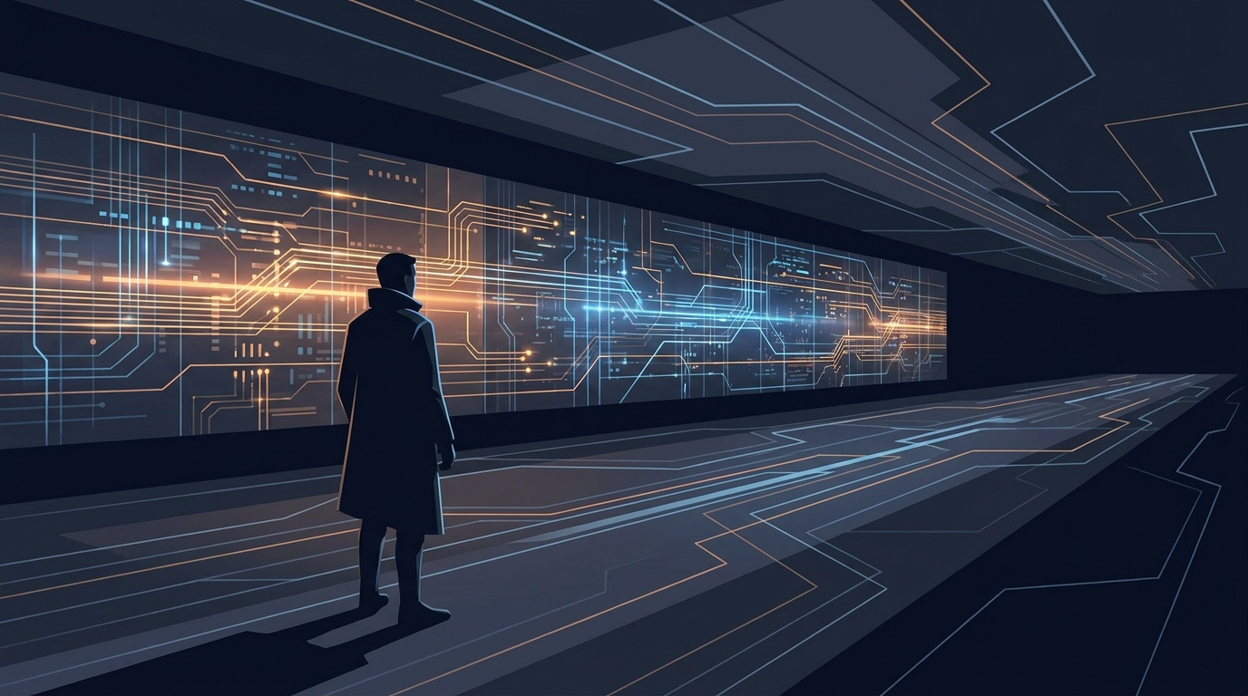 A lone human strategist oversees a vast network of glowing AI nodes running autonomously across a dark, expansive control room environment