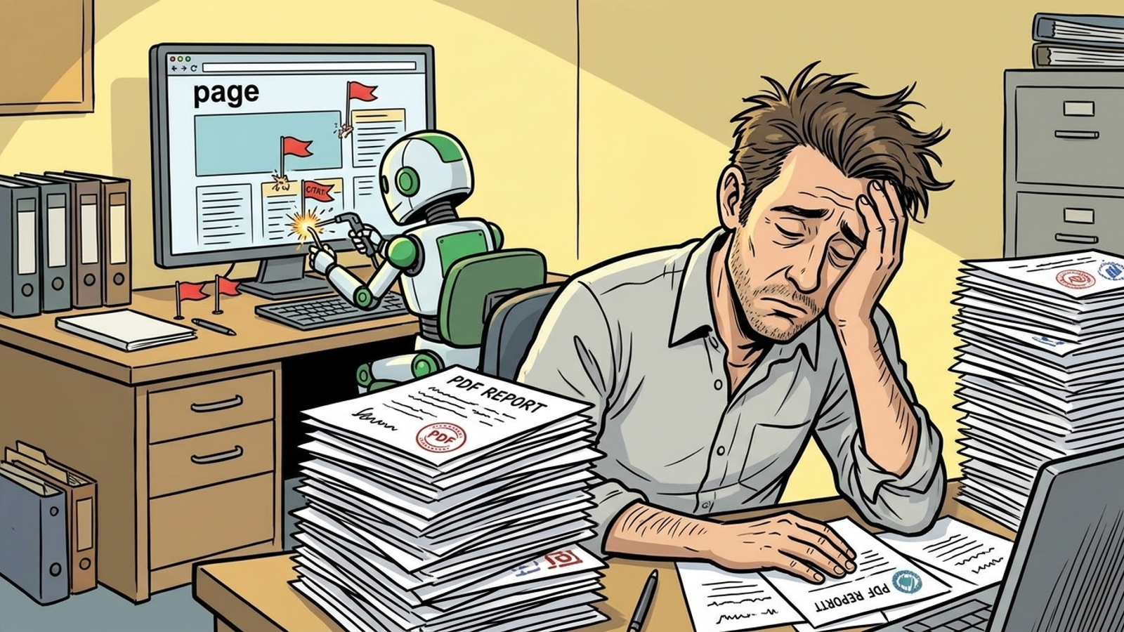 Cartoon of an agency owner buried in white-label reports while a robot ships website fixes