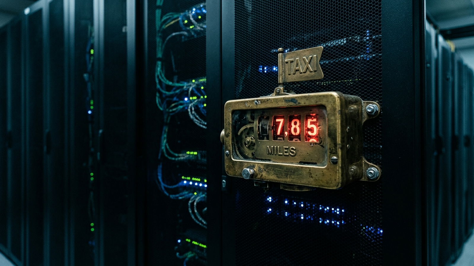 A brass taximeter plugged into a modern server rack.