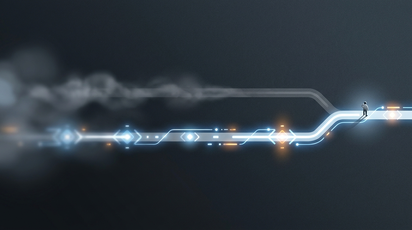 Two diverging paths on a sleek dark surface, one lit by a beam of light, the other in shadow.