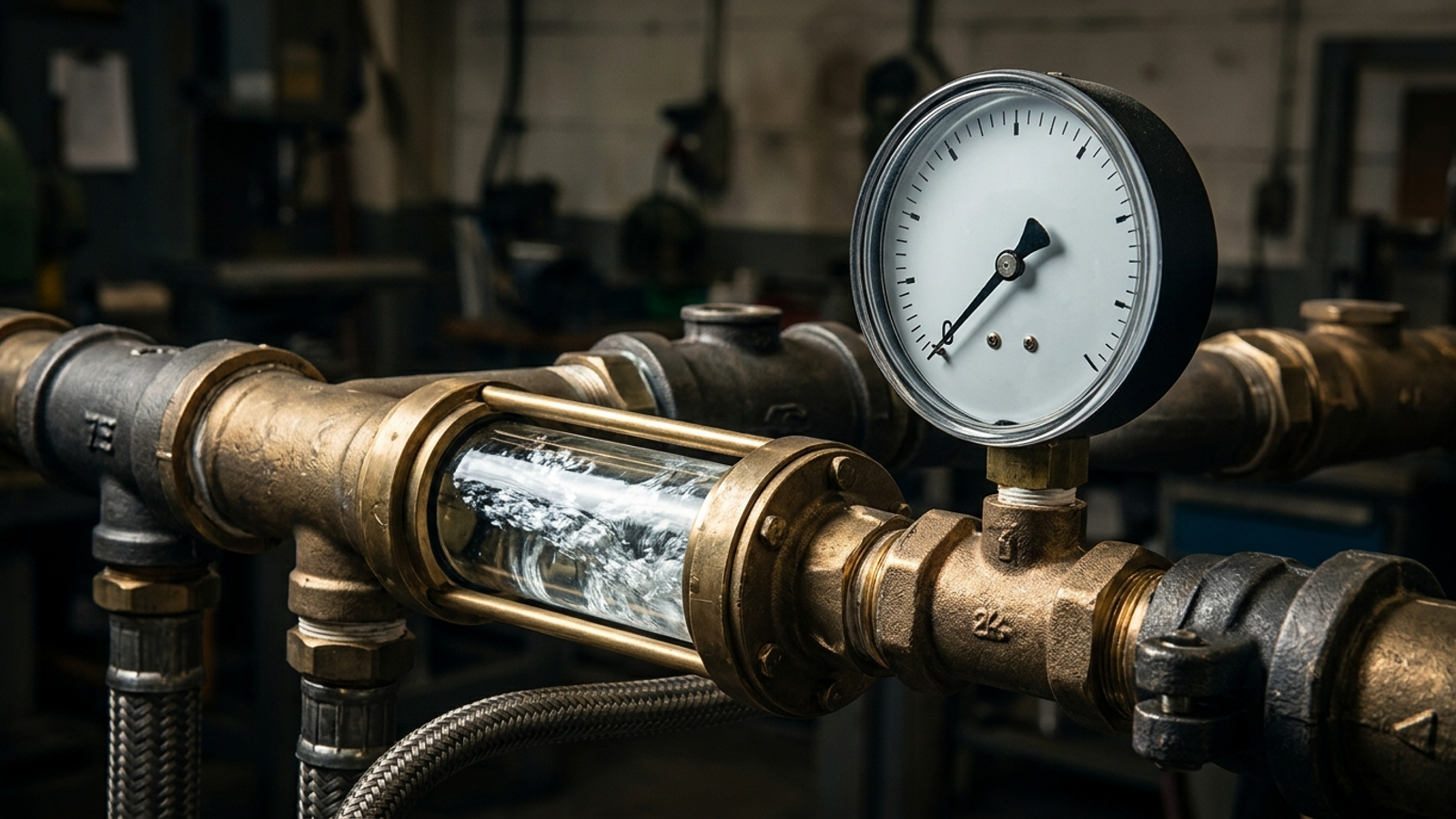 An industrial flow meter with liquid moving through it while its dial reads zero.