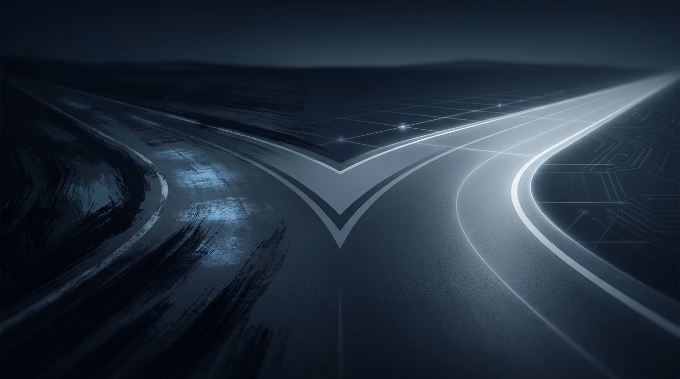 Two diverging paths in a sleek dark landscape, one narrow and manual, one wide and automated, symbolizing the choice between WordStream and groas