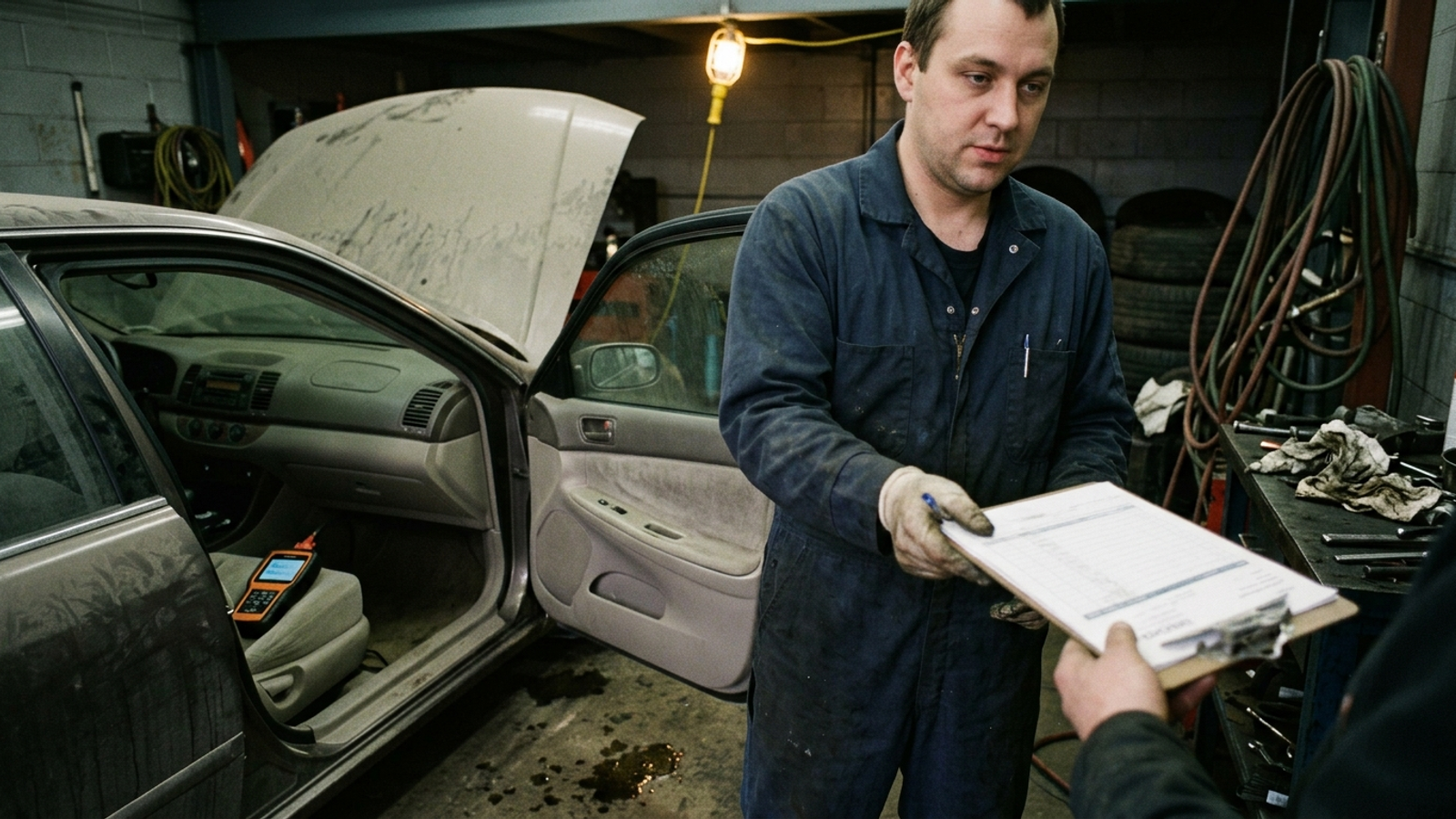 A mechanic hands over an invoice while the car’s engine remains untouched.