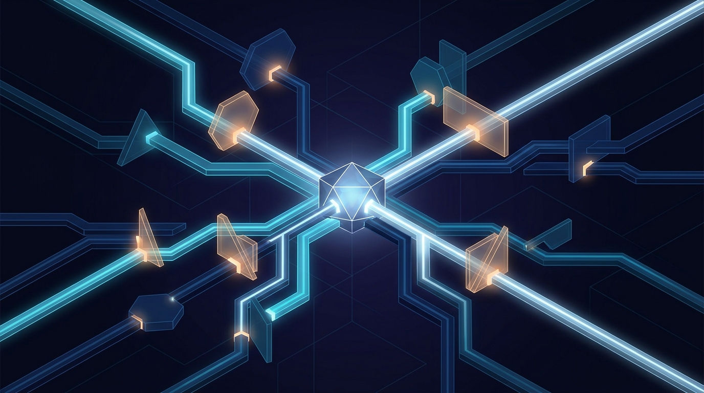 Abstract editorial illustration of a filtering system with glowing nodes and excluded pathways, representing negative keyword strategy and campaign-level control in Google Ads.