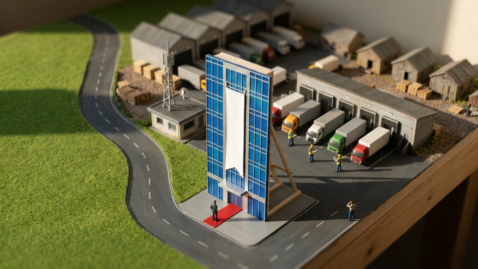 Tabletop model town: a shiny new corporate tower facade stands in front of an unchanged old logistics town of trucks and depots, its identity contradicted.