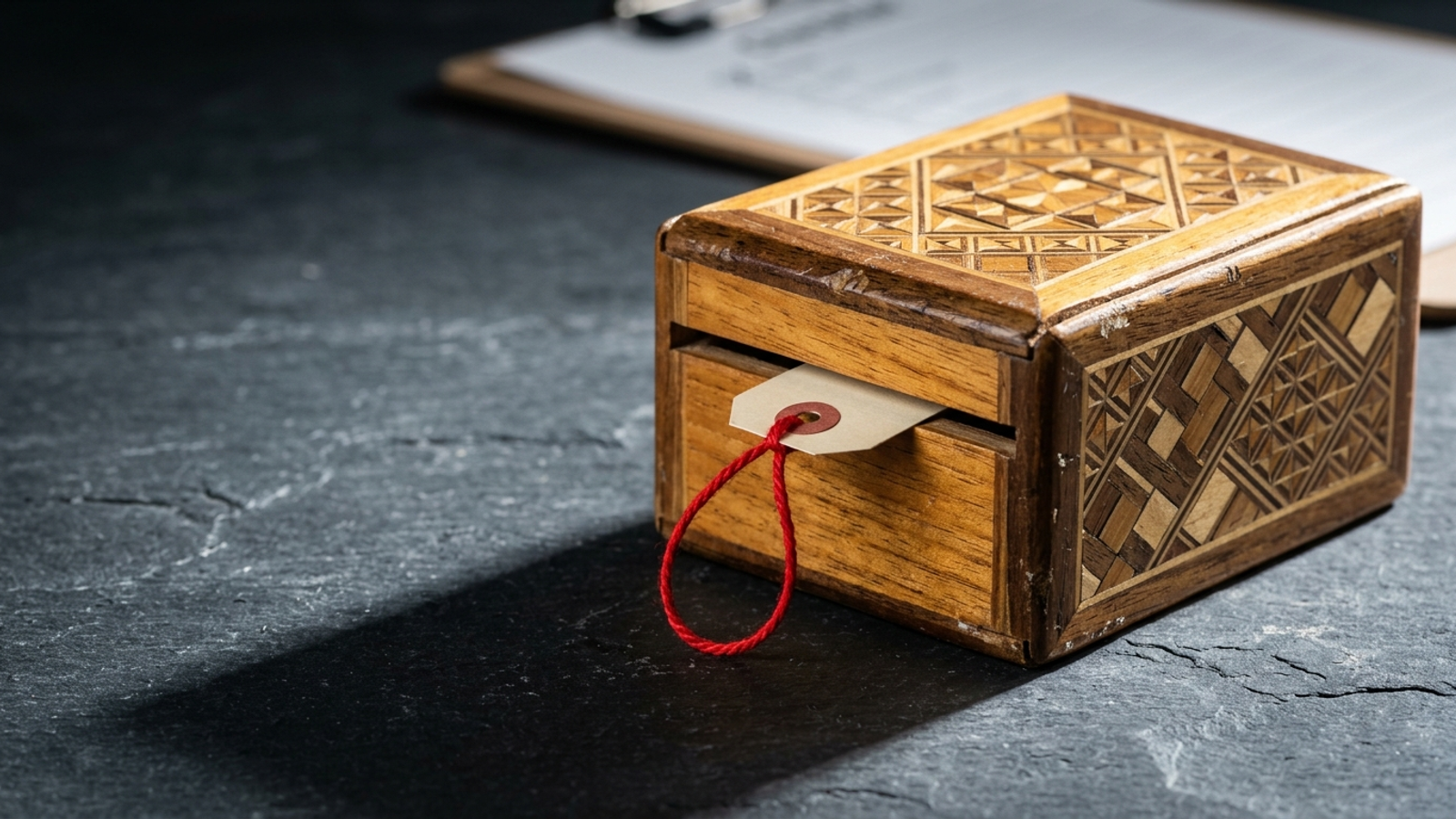 A paper price tag trapped inside a wooden puzzle box with only its red string poking out, like a page answer hidden behind a widget.